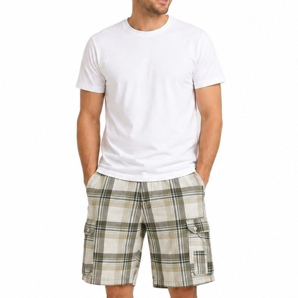 OP Cargo Shorts Mens 42 Khaki Brown Plaid Cotton Twill Multi Pocket OM12Y006